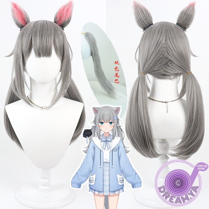 Anime Cosplay Wig Heat Resistant - Peruca de cosplay Nachoneko Vtuber cinza